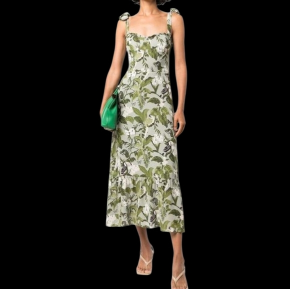 Reformation Nikita Dress Women's 2 Midi Green Tropical Leaf Vacation Tie Strap - Picture 2 of 16